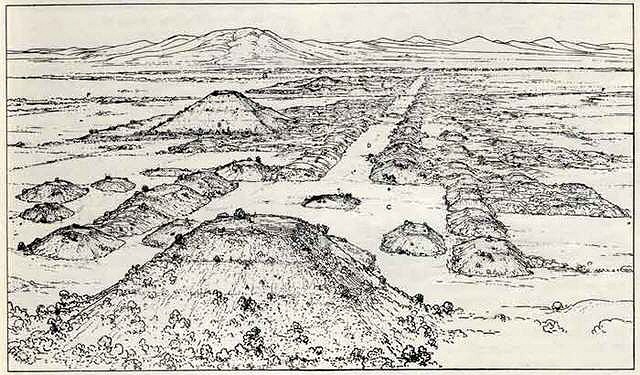 Egy 19. századi rajz Teotihuacanról, mikor még le volt födve a földréteggel.
